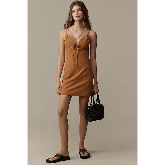 Anthropologie Dresses & Skirts - Anthropologie NEW Tan Linen Tie Front Smocked Mini Dress 2X Boho Coastal Curvy